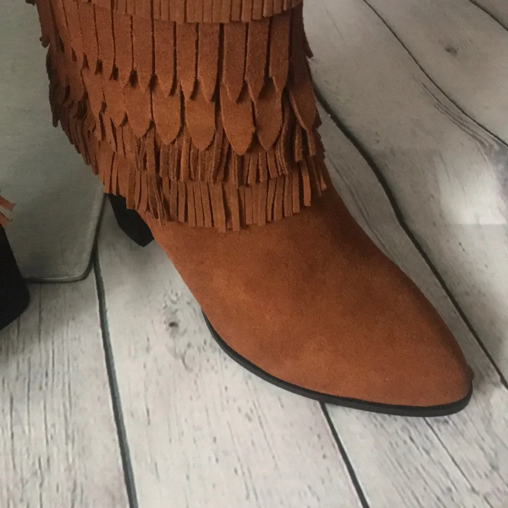 CATHERINE MALANDRINO SUEDE FRINGE COGNAC BOOTS